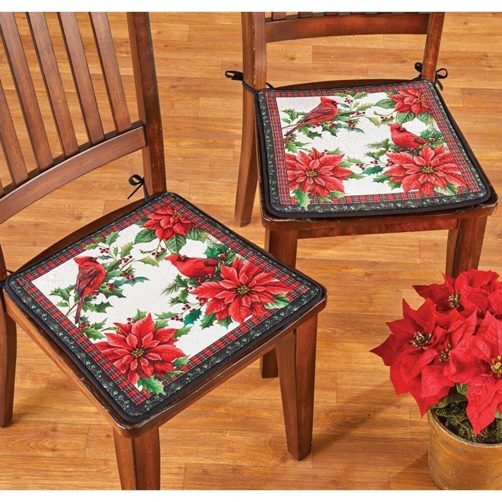 2 CHAIR PADS CUSHIONS,15"x15",CHRISTMAS POINSETTIA FLOWERS & CARDINAL BIRDS#1,CE